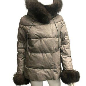 Max & Moi Revolver Beige Renard Fox Fur Trim Hooded Parka Puffer Coat 38 New